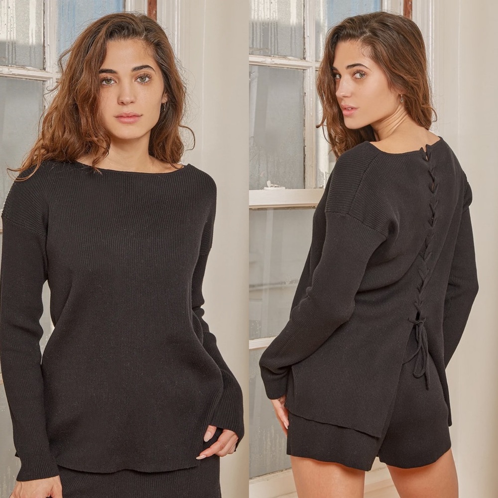 Lulus | Lounge Lifestyle Black Ribbed Lace-Up Sweater Top